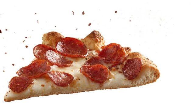 Close up of a pizza slice with pepperoni and falling ingredients
