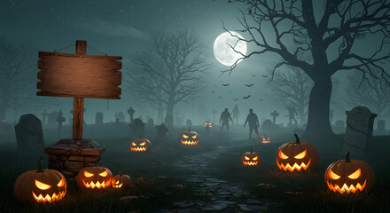 Halloween Graveyard Scene with Pumpkins and Zombies