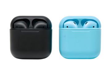 Black and blue wireless earphones with charging case isolated isolated on transparent background