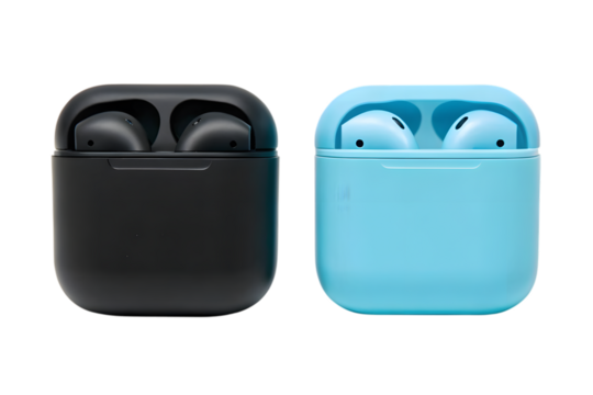 Black and blue wireless earphones with charging case isolated isolated on transparent background