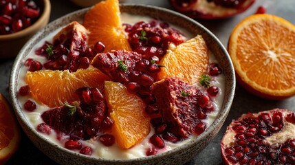 Orange slices and pomegranate seeds with milk in a bowl