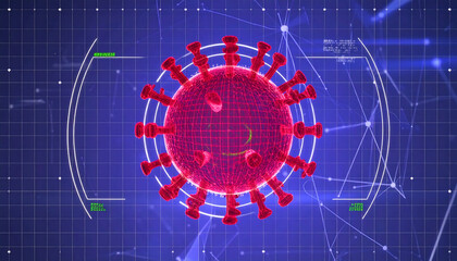 Futuristic 3D Render of a Coronavirus on Digital Grid, Scientific Visualization.