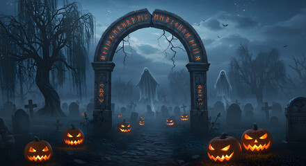 Spooky Halloween Graveyard Scene with Ghosts and Jack-o'-Lanterns