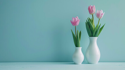 Obraz premium Tulips in vase which are colors pink, white and red. Beauty shines from inside the flowers, there is space for editing text fitting for design. the tulips with turquoise color backgroud.