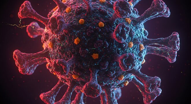 Detailed close up illustration of a virus cell against dark background