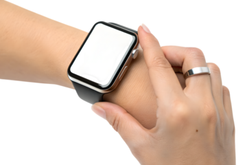Hand touching a smart watch isolated on transparent background