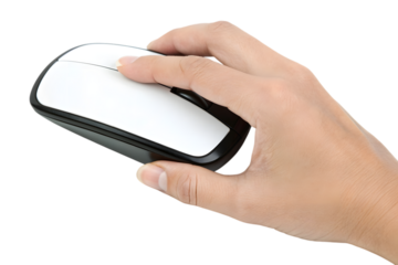 Hand holding a white computer mouse isolated on transparent background