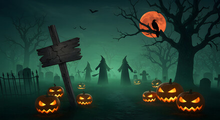 Spooky Halloween Night in Graveyard with Witches