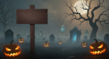 Spooky Halloween Graveyard Scene with Jack-o'-lanterns