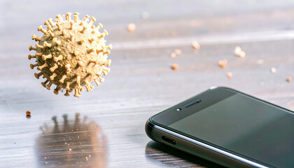 Microscopic Threat: Coronavirus Cell Hovering Near Smartphone on Wooden Surface
