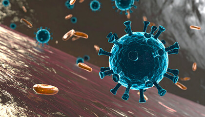 Microscopic View: Blue Virus Particles and Red Blood Cells in a Biological Environment