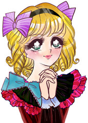 キラキラした瞳で見つめる昭和レトロ風少女漫画の金髪縦ロールお嬢様のカラーイラスト