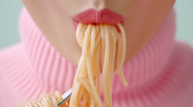 Vibrant close-up: Pink lips and turtleneck eating spaghetti on a pastel background