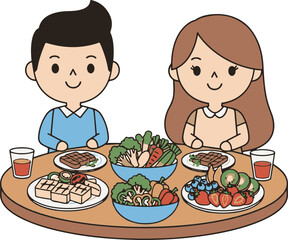 Boy and Girl Enjoying vegan meal illustration. World Vegan Day