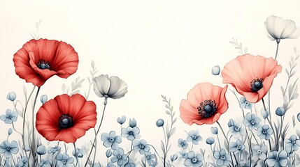 Hand-drawn floral arrangement with poppies and forget-me-nots, vintage tone and soft color palette, colored pencil detail and graceful natural shape, set on a clean white background.