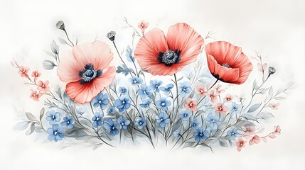 Hand-drawn floral arrangement with poppies and forget-me-nots, vintage tone and soft color palette, colored pencil detail and graceful natural shape, set on a clean white background.