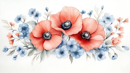 Hand-drawn floral arrangement with poppies and forget-me-nots, vintage tone and soft color palette, colored pencil detail and graceful natural shape, set on a clean white background.