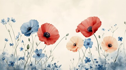 Hand-drawn floral arrangement with poppies and forget-me-nots, vintage tone and soft color palette, colored pencil detail and graceful natural shape, set on a clean white background.