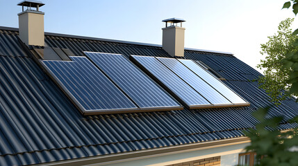 Solar panels on residential rooftop capture sunlight for energy efficiency and sustainability. modern design integrates seamlessly with building architecture