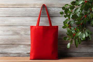 Red tote bag christmas holiday mockup with festive green decor