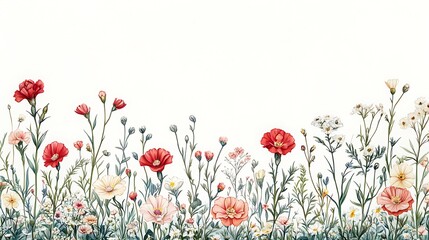 Hand-drawn floral border in vintage style, soft pastel carnations and wildflowers sketched with colored pencils, aligned in a flowing border across the bottom of a white background. Elegant,