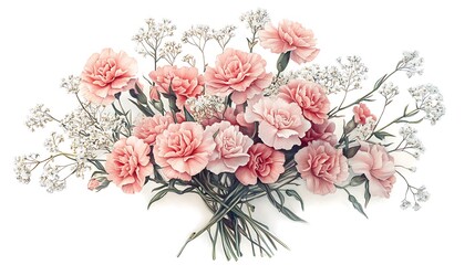 Hand-drawn romantic bouquet with pink carnations and airy baby’s breath, colored pencil illustration with soft pastel tones, arranged elegantly on a white canvas.