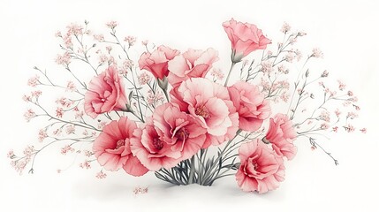 Hand-drawn romantic bouquet with pink carnations and airy baby’s breath, colored pencil illustration with soft pastel tones, arranged elegantly on a white canvas.