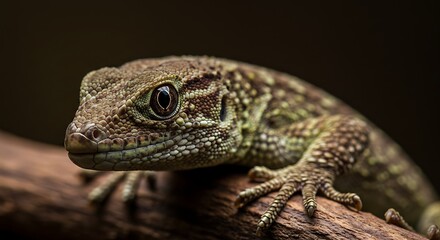 Obraz premium Detailed close up of a gecko perched on a wooden branch