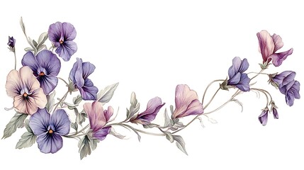 Hand-drawn sweet peas and violets forming a vintage corner flourish, pastel pencil style, clean white background. Light pencil grain and soft floral outlines emphasize antique aesthetic.