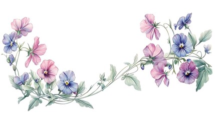 Hand-drawn sweet peas and violets forming a vintage corner flourish, pastel pencil style, clean white background. Light pencil grain and soft floral outlines emphasize antique aesthetic.