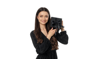 Young woman with a gift box for Black Friday, isolated, PNG