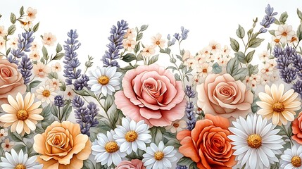 Hand-drawn symmetrical floral pattern featuring antique garden flowers in soft colored pencil, including daisies, roses, and lavender, laid across a white backdrop.