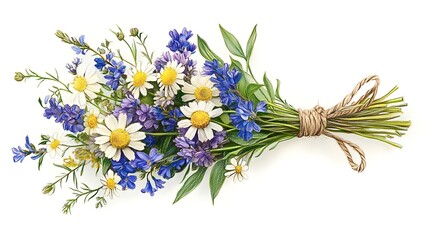 Hand-drawn wildflower bouquet tied with twine, colored pencil artwork on white background, featuring chamomile, clover, and bluebells in a relaxed, natural composition.
