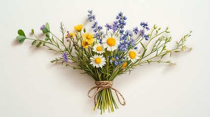 Hand-drawn wildflower bouquet tied with twine, colored pencil artwork on white background, featuring chamomile, clover, and bluebells in a relaxed, natural composition.
