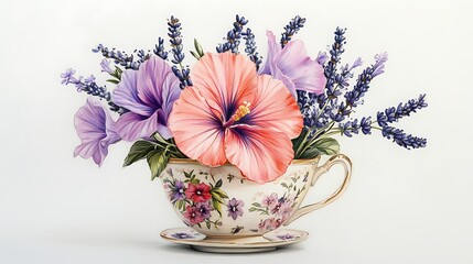 Hibiscus and lavender bouquet arranged in a small floral teacup, drawn in soft colored pencils, vintage theme on a bright white background. Loose, airy composition with visible pencil line texture.