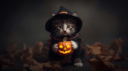 A playful black kitten hugs a glowing jack-o'-lantern, bringing a touch of cuteness to Halloween night.