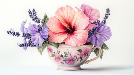 Hibiscus and lavender bouquet arranged in a small floral teacup, drawn in soft colored pencils, vintage theme on a bright white background. Loose, airy composition with visible pencil line texture.