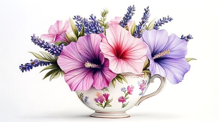 Hibiscus and lavender bouquet arranged in a small floral teacup, drawn in soft colored pencils, vintage theme on a bright white background. Loose, airy composition with visible pencil line texture.