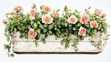 Illustrated antique planter box with wild roses and jasmine vines spilling out in a lush pastel cascade, hand-drawn in colored pencil, centered on a white background.