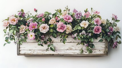 Illustrated antique planter box with wild roses and jasmine vines spilling out in a lush pastel cascade, hand-drawn in colored pencil, centered on a white background.