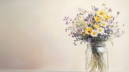 Mason jar holding a bouquet of rustic meadow flowers, soft colored pencil drawing on white background, featuring loosely bundled blooms in pastel yellow, purple, and white.