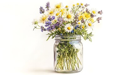 Mason jar holding a bouquet of rustic meadow flowers, soft colored pencil drawing on white background, featuring loosely bundled blooms in pastel yellow, purple, and white.