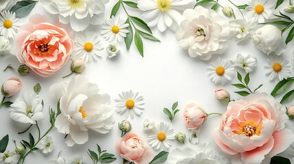 Scattered heritage flowers in a colored pencil collage, featuring loosely placed peonies, gardenias, and daisies on white background. Pencil lines visible,