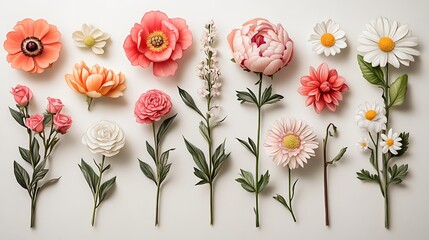 Scattered heritage flowers in a colored pencil collage, featuring loosely placed peonies, gardenias, and daisies on white background. Pencil lines visible,