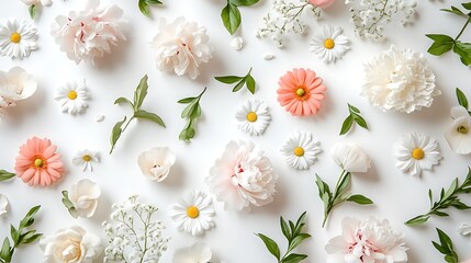 Scattered heritage flowers in a colored pencil collage, featuring loosely placed peonies, gardenias, and daisies on white background. Pencil lines visible,