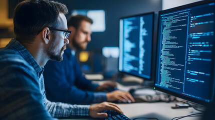 Two IT professionals are focused coding their desks, surrounded by multiple computer monitors displaying lines of code. environment is dimly lit, creating concentrated and tech savvy atmosphere