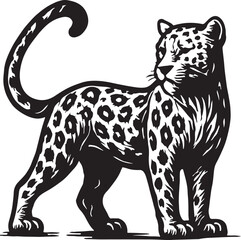 Striking black and white woodcut illustration of a powerful leopard standing majestically with its tail curled high