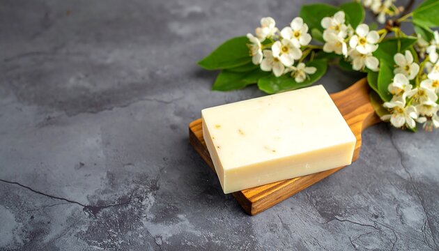 Creamy white soap bar on wooden board, with spring blossoms