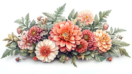 Victorian botanical bouquet with ferns and dahlias, illustrated using colored pencils, soft shading and fine detailing in petals and leaves, elegantly framed on a bright white background.