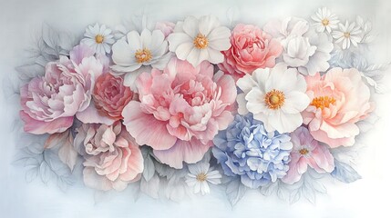Scattered heritage flowers in a colored pencil collage, featuring loosely placed peonies, gardenias, and daisies on white background. Pencil lines visible,